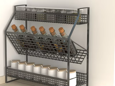 Organized Kitchen Storage With Multi Layer Metal Rack Holding Spice Bottles And White Jars 3d model