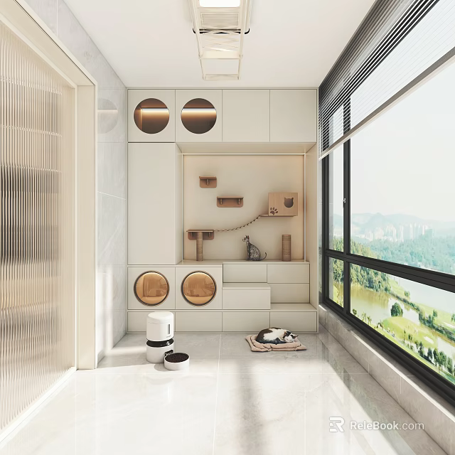 Modern Home Balcony With White Cabinets Circular Cutouts Cat Resting Mat And Large Window View 3d model 