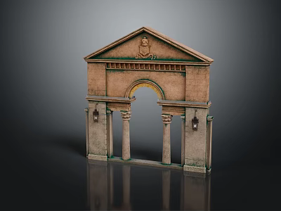 Classical Entrance Gate with Archway Design Stone Columns Ornate Top Decoration and Side Wall Lamps 3d model