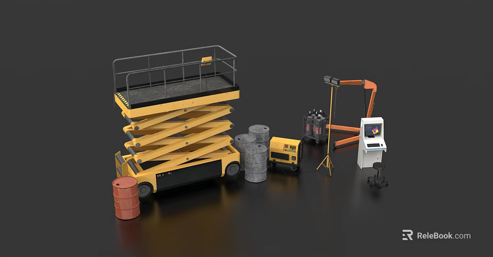 Yellow Aerial Work Scissor Lift With Concrete Pipes Gas Cylinders Mechanical Arm And Control Console 3d model 