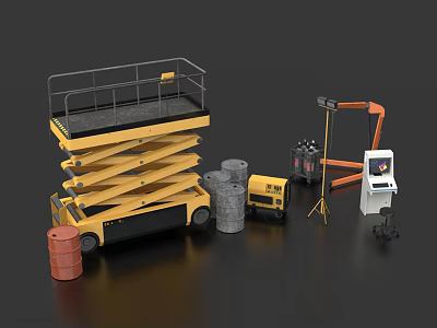 Yellow Aerial Work Scissor Lift With Concrete Pipes Gas Cylinders Mechanical Arm And Control Console 3d model