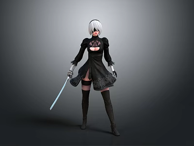 Woman in black lace dress with short white hair holding blue sword wearing long boots 3d model