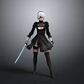 Woman in black lace dress with short white hair holding blue sword wearing long boots