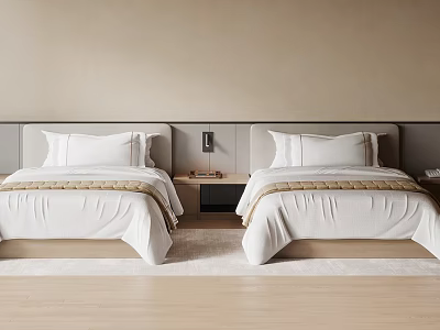 Serene Bedroom Interior With Twin Beds White Linens Beige Walls And Wooden Floor 3d model