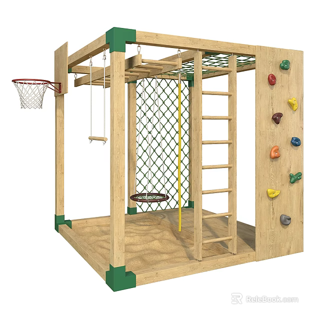 Wooden Playground Equipment With Swing Climbing Net Ladder Rock Climbing Wall Basketball Hoop And Sandpit 3d model 