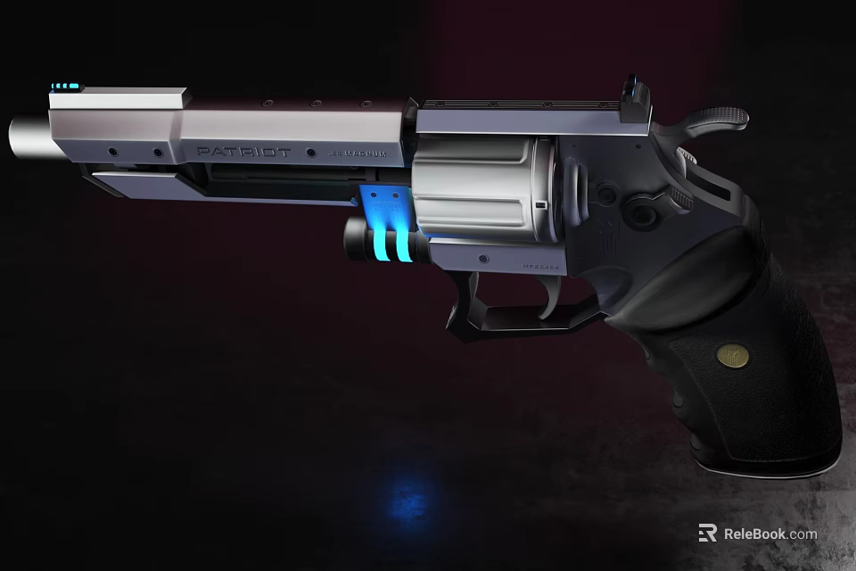 Futuristic Revolver With Silver Black Design And Blue Light Accents On Cylinder Grip 3d model 
