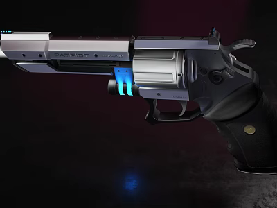 Futuristic Revolver With Silver Black Design And Blue Light Accents On Cylinder Grip 3d model