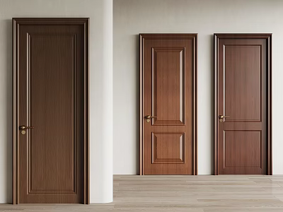 Three Brown Wooden Doors With Various Panel Designs In Interior Setting 3d model