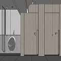 Modern Public Restroom Interior Design With White Urinals Mirrors And Wooden Elements On Gray Walls