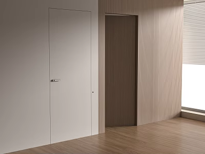 Sleek Hinged Doors in White and Wood Texture with Light Colored Wall and Wooden Floor 3d model