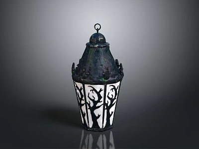 Vintage Metal Lantern With Black And White Finish Intricate Cutout Patterns 3d model