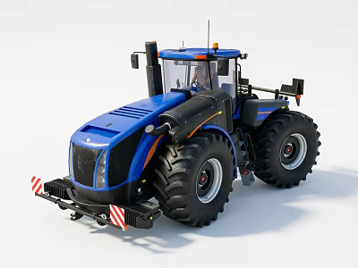 Blue Agricultural Tractor With Large Wheels And Red White Warning Stripes 3d model