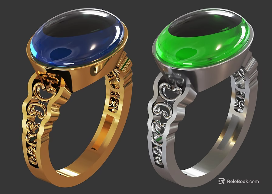 Elegant Gold and Silver Rings with Blue and Green Gemstones and Ornate Detailing Design 3d model 