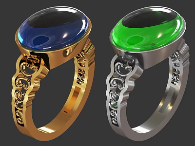 Elegant Gold and Silver Rings with Blue and Green Gemstones and Ornate Detailing Design 3d model