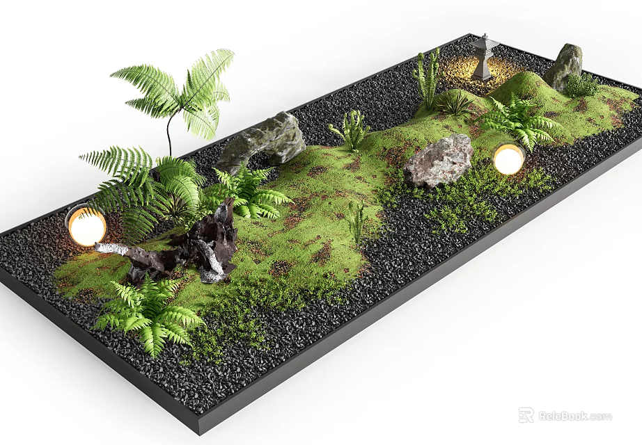 Bonsai Miniature Garden With Green Moss Ferns Stones And Round Lights In Black Rectangular Tray 3d model 