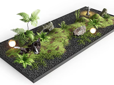 Bonsai Miniature Garden With Green Moss Ferns Stones And Round Lights In Black Rectangular Tray 3d model