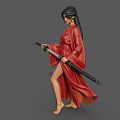Woman Standing In Red Robe Holding Sword With Grey Robed Statue
