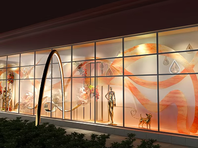 Elegant Shop Window Display With Decorative Orange Patterns Glass Panels Mannequins And Lighting 3d model