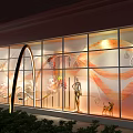 Elegant Shop Window Display With Decorative Orange Patterns Glass Panels Mannequins And Lighting