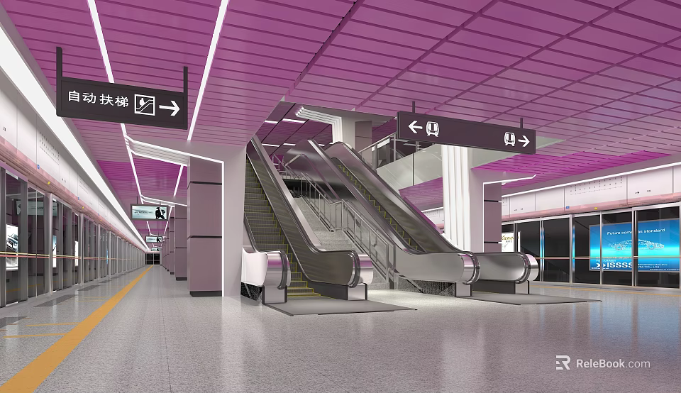 Modern Metro Station Interior With Purple Ceiling Escalators And Direction Signs 3d model 
