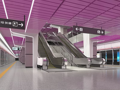 Modern Metro Station Interior With Purple Ceiling Escalators And Direction Signs 3d model