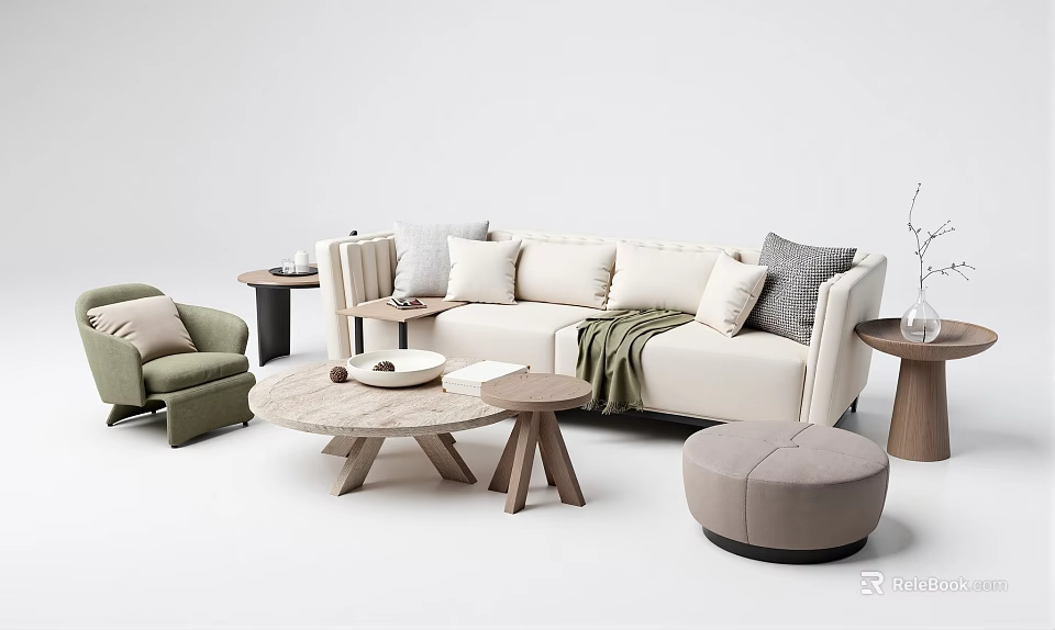 Modern Casual Sofa Set With Beige Upholstery Accent Pillows Green Armchair And Round Coffee Tables 3d model 