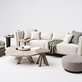 Modern Casual Sofa Set With Beige Upholstery Accent Pillows Green Armchair And Round Coffee Tables