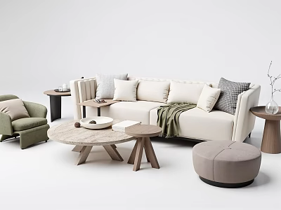 Modern Casual Sofa Set With Beige Upholstery Accent Pillows Green Armchair And Round Coffee Tables 3d model