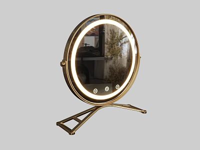 Modern Round Mirror With Gold Frame LED Lighting And Metal Stand Base Buttons 3d model