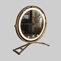 Modern Round Mirror With Gold Frame LED Lighting And Metal Stand Base Buttons