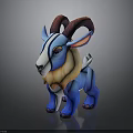 3D Blue Goat Model With Brown Horns Orange Mane White Markings Standing on Dark Background