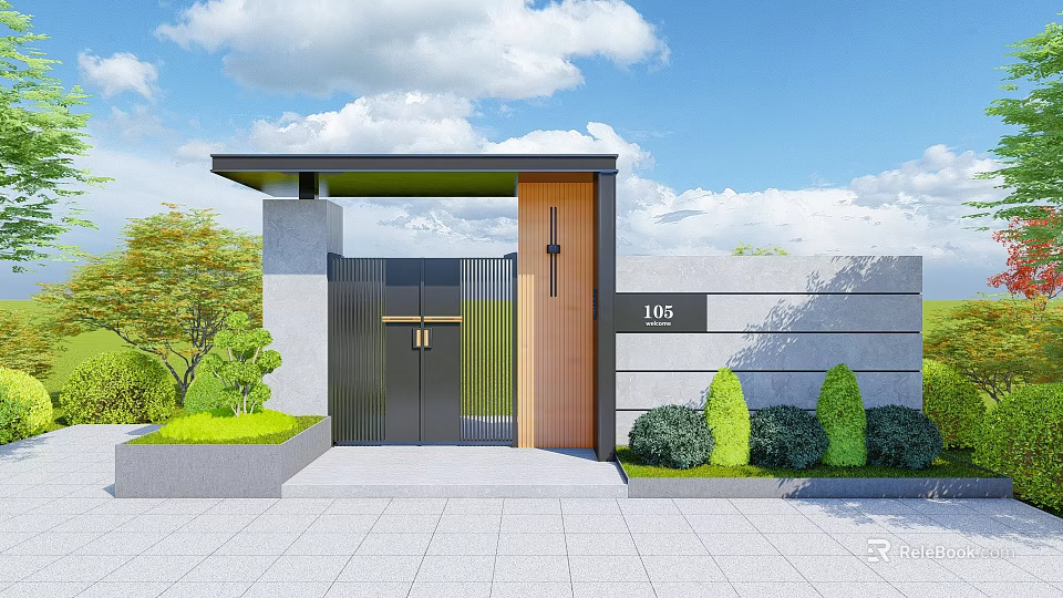 Modern Entrance Gate With House Number 105 Gray Wall Wooden Accent And Green Plants 3d model 