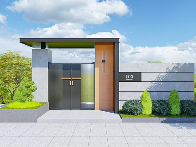Modern Entrance Gate With House Number 105 Gray Wall Wooden Accent And Green Plants 3d model