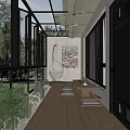 Modern Villa Balcony With Wooden Floor Hanging Chair And Art Paintings Outdoor Garden View