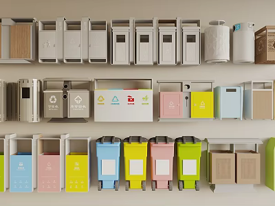 Public Facilities Trash Bins with Different Colors and Recycling Types Wall Mounted and Floor Standing 3d model