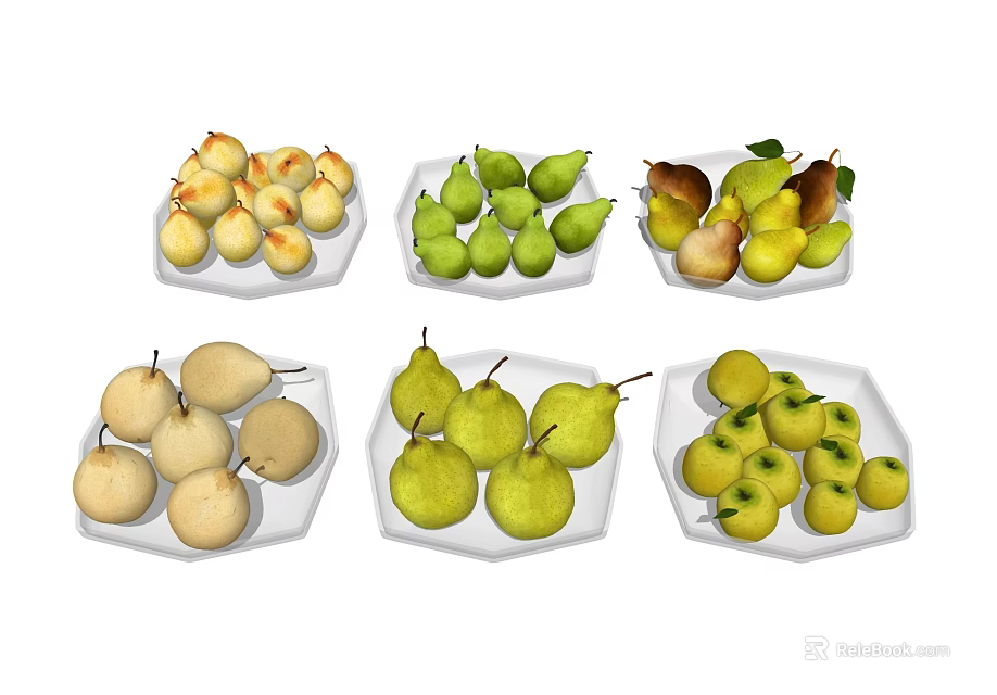 Various Types Of Fresh Pears On Multiple Plates With Different Colors 3d model 