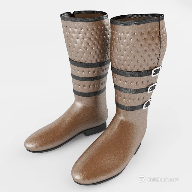 Brown Textured Knee High Boots With Black Straps And Metal Buckles 3d model 