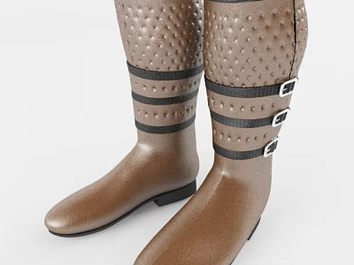 Brown Textured Knee High Boots With Black Straps And Metal Buckles 3d model