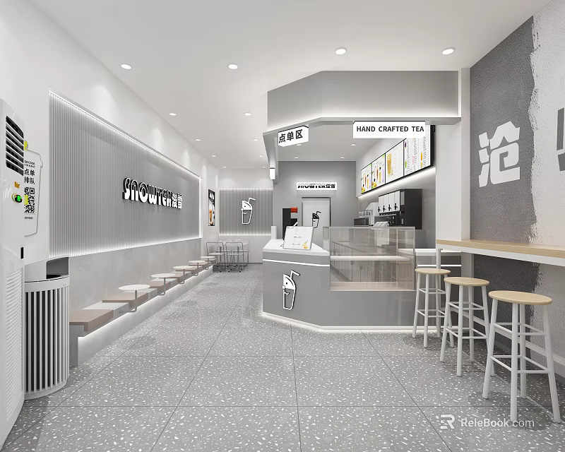 Modern Bubble Tea Shop Interior Design With Open Bar Counter Gray Walls White Seats And Marble Countertops 3d model 
