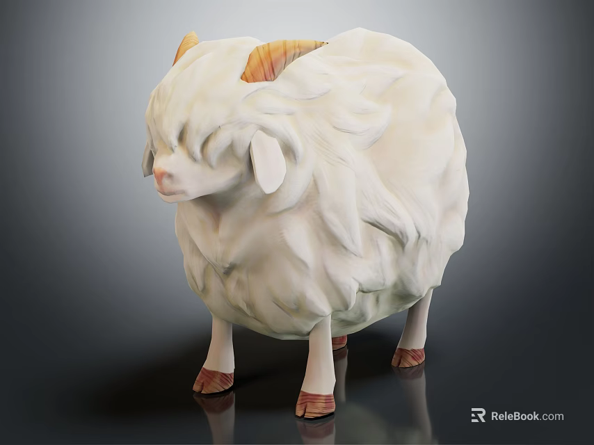 Fluffy White Sheep Sculpture With Orange Horns And Brown Hooves 3d model 