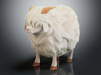 Fluffy White Sheep Sculpture With Orange Horns And Brown Hooves 3d model