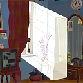 Cozy Vintage Interior With Blue Walls Red Curtains Vintage TV And Dresser Mirror