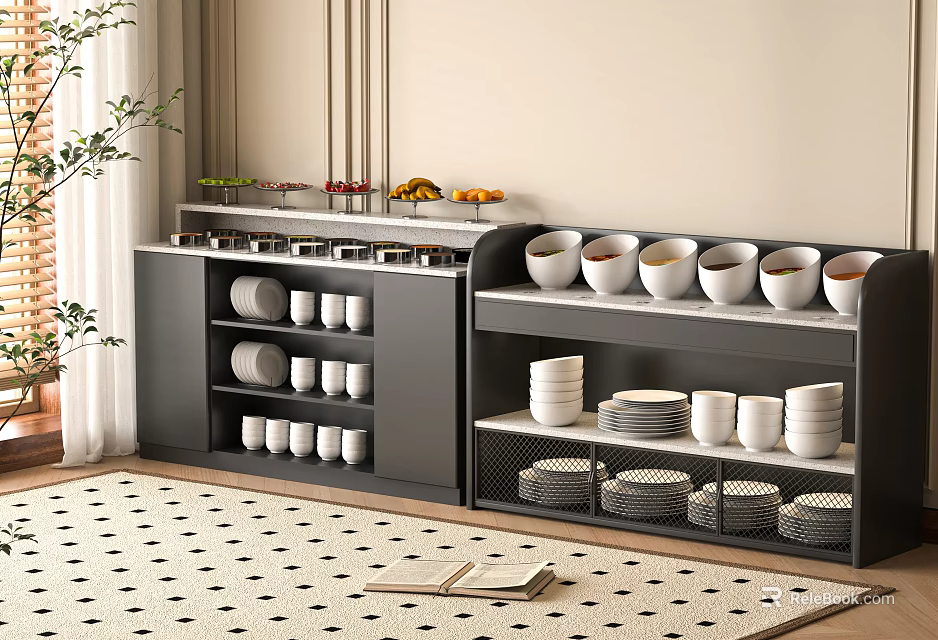 Organized Modern Kitchen Storage With Shelves Bowls Plates Fruits And Green Plant 3d model 