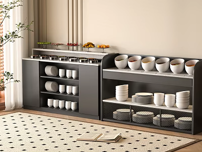 Organized Modern Kitchen Storage With Shelves Bowls Plates Fruits And Green Plant 3d model