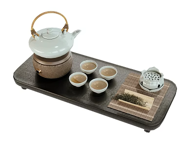 Traditional Tea Set With White Teapot Small Cups Dark Tray Strainer And Cloth 3d model