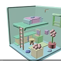 Cartoon Room Interior With Bunk Bed Ladder Blue Shelf Pink Flower And Colorful Blocks