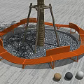 Orange Curved Outdoor Chairs Arranged Around Tree Trunk On Gray Pavement With Colorful Balls