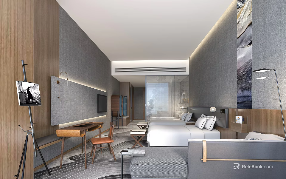 Modern Hotel Room Interior With Comfortable Bed Desk Chair Sofa TV And Window View 3d model 