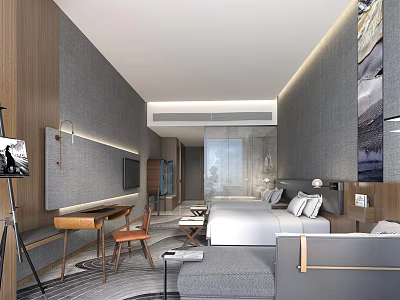 Modern Hotel Room Interior With Comfortable Bed Desk Chair Sofa TV And Window View 3d model