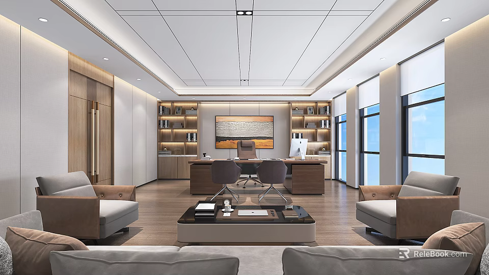 Modern Executive Office Interior With Large Desk Bookshelves Sofa And Floor to Ceiling Windows 3d model 